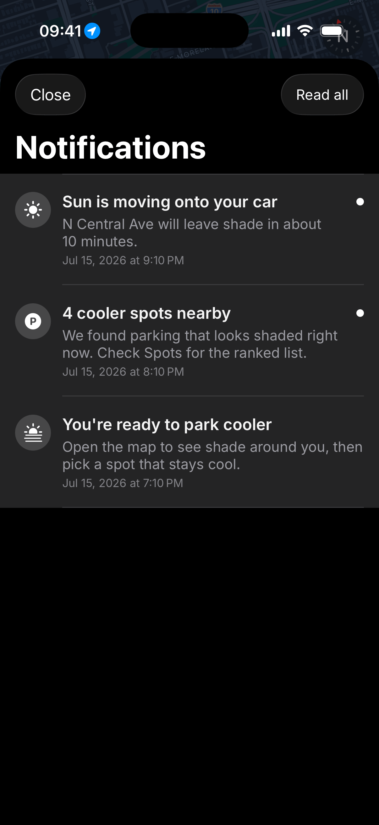 Shade alert before the sun hits a parked car.